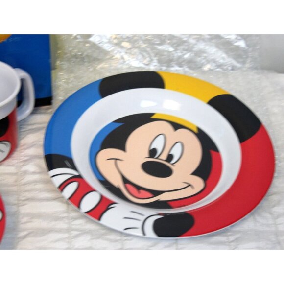 Vtg 90s Disney Dinner Set Color Block Mickey Plate Bowl Cup Fork Spoon Melamine - Picture 2 of 14